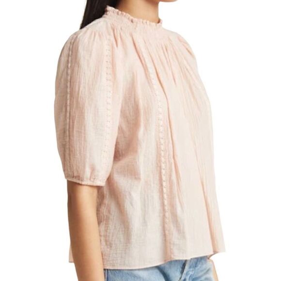 Treasure & Bond Smocked Lace Inset Gauzy Blouse Pink Smoke Women Small NWT - Picture 2 of 11